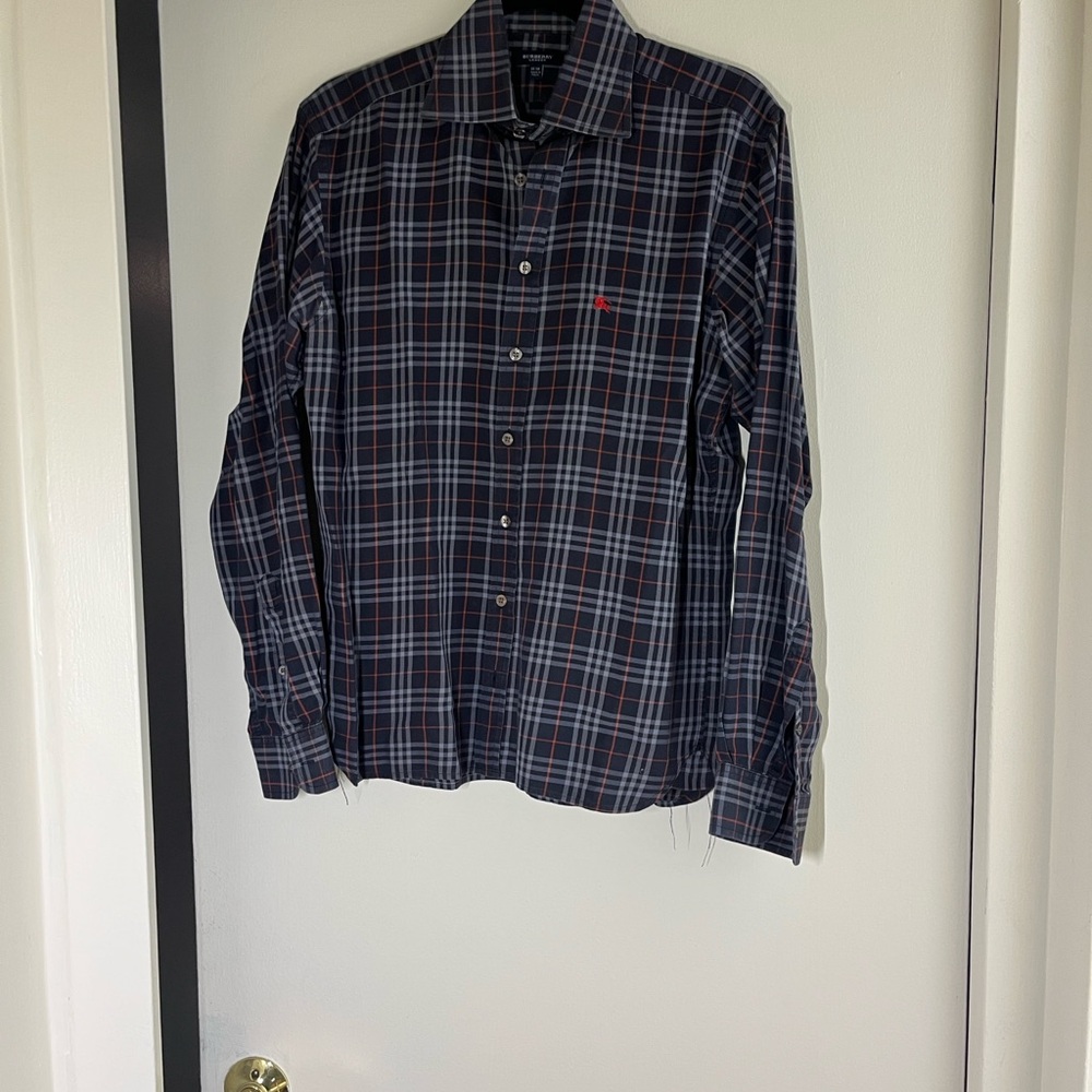 Burberry Navy and Red Checkered Dress Shirt